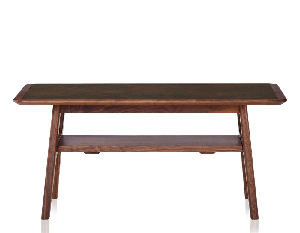 Table basse rectangulaire en noyer et céramique bois teinte naturelle plateau céramique brun oxydé 100x50 cm