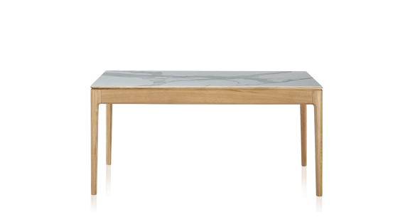 Table salle à manger en chêne et céramique 8 personnes avec bois teinte naturelle et plateau céramique effet marbre blanc 180x100 cm