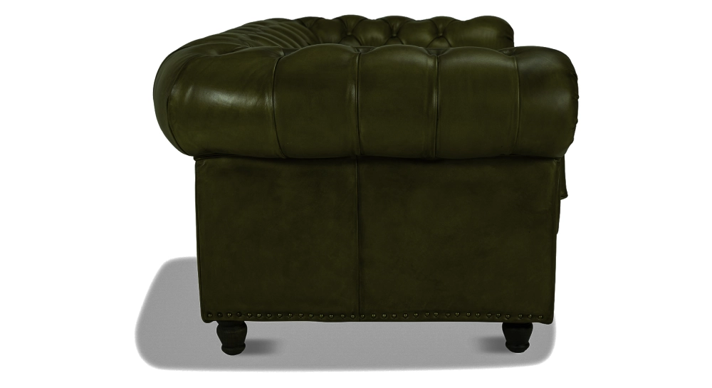 Canapé Chesterfield cuir 2 places vert olive accoudoirs cloutés