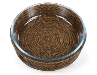 Plat pyrex rond avec support en rotin brun