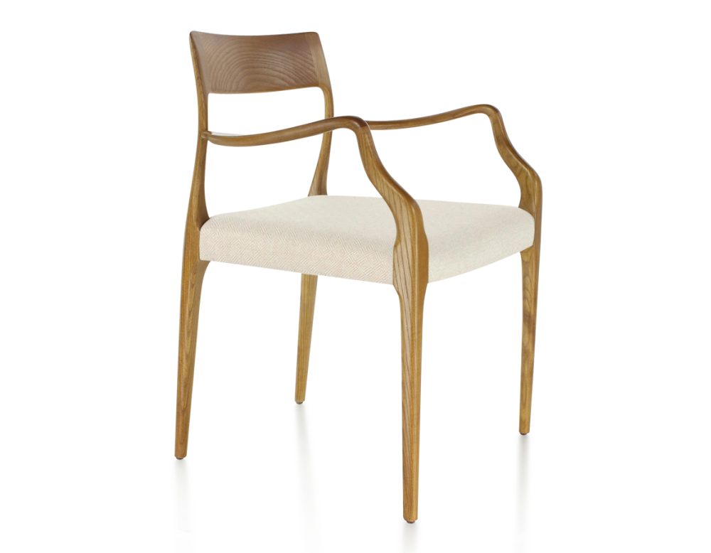Chaise scandinave avec accoudoirs bois teinte merisier assise tissu chevron beige