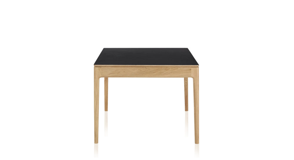 Table extensible 6 à 10 personnes en chêne et céramique allonges bois avec bois teinte naturelle et plateau céramique noir unie 140x90 cm