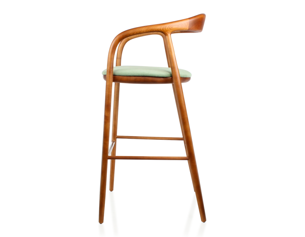 Tabouret de bar h80 cm teinte merisier assise tissu vert bois teinte merisier et tissu vert