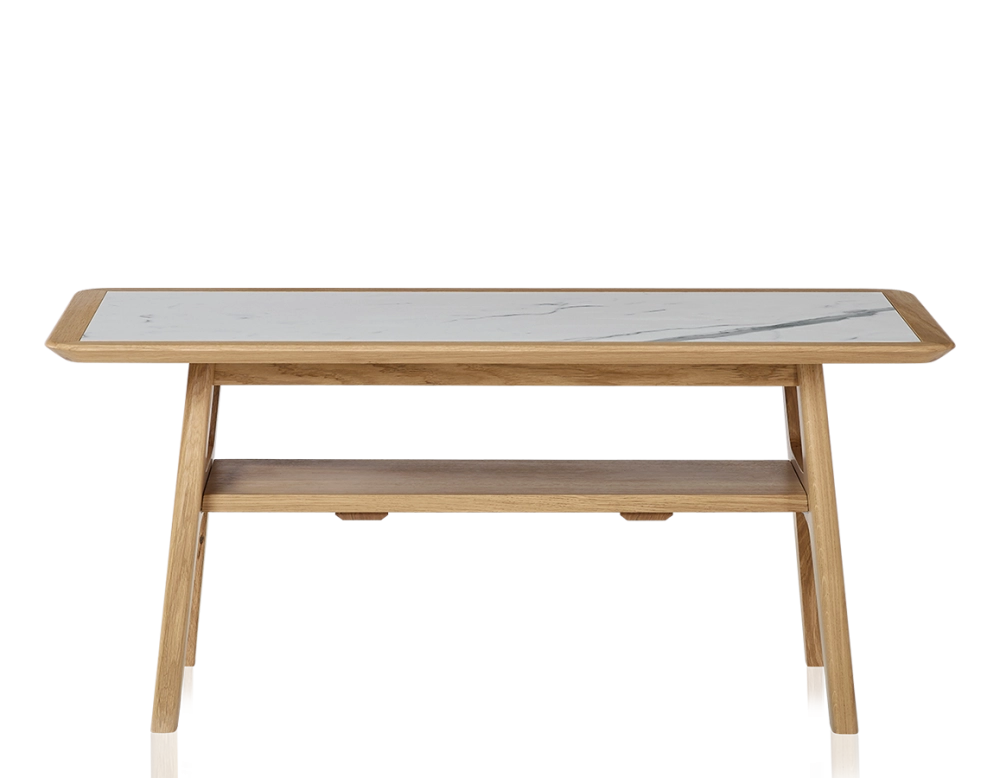 Table basse rectangulaire en chêne et céramique avec bois teinte naturelle plateau céramique effet marbre blanc 100x50 cm