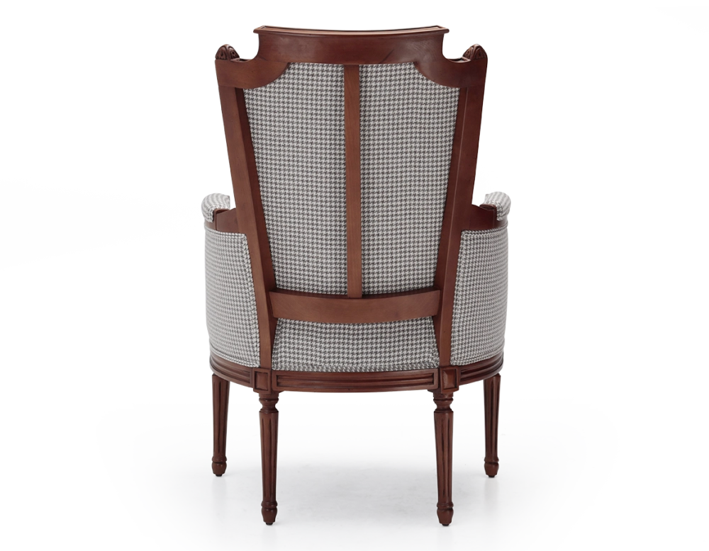 Fauteuil bergère style Louis XVI bois teinte ancienne et tissu pied de poule blanc et taupe