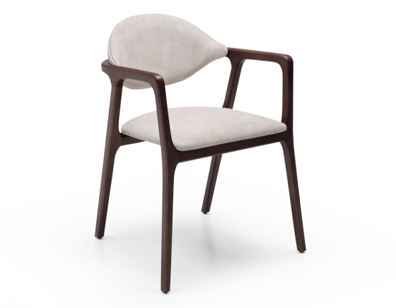 Chaise design avec accoudoirs bois teinte marron foncé et tissu velours sable