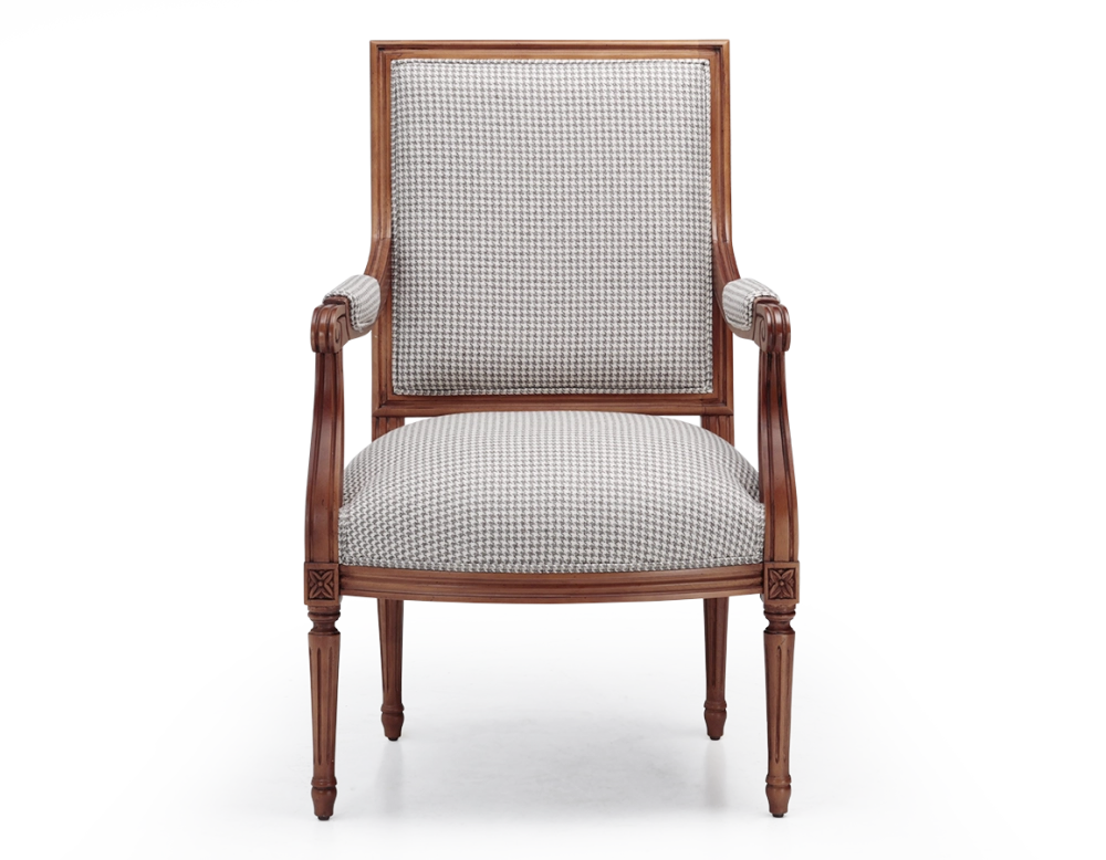 Fauteuil ancien style Louis XVI bois teinte ancienne et tissu pied de poule blanc et taupe