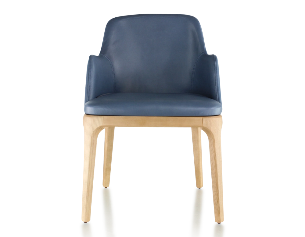 Chaise design avec accoudoirs bois teinte naturelle et cuir bleu orage