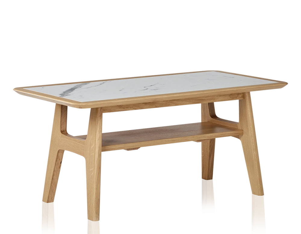 Table basse rectangulaire en chêne et céramique avec bois teinte naturelle plateau céramique effet marbre blanc 100x50 cm