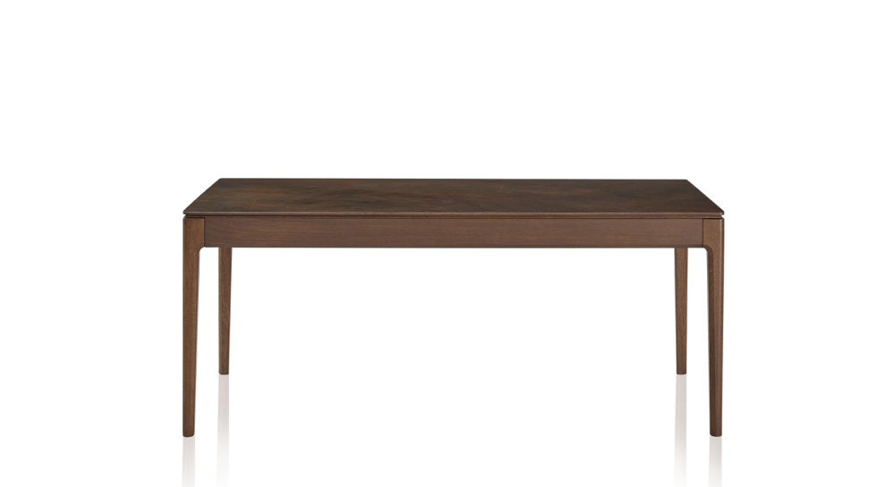 Table extensible en chêne et céramique 6 à 10 personnes allonges céramique avec bois teinte marron foncé et plateau et allonges céramique brun oxydé 140x90 cm