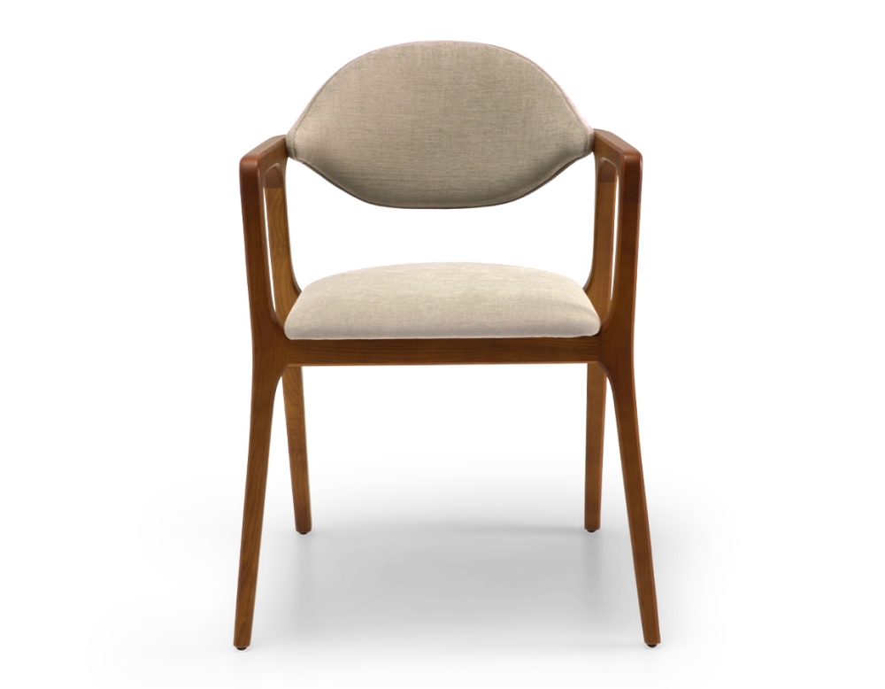 Chaise design avec accoudoirs bois teinte merisier et tissu taupe