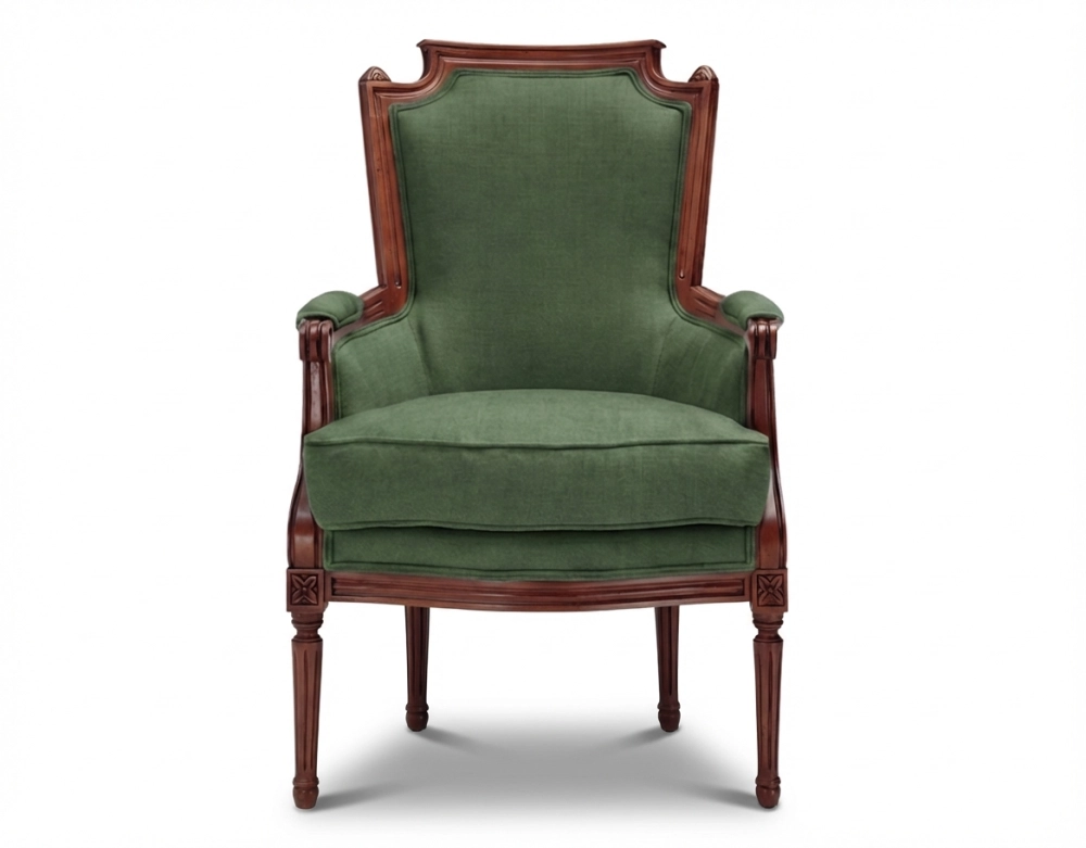 Louis XVI style bergère armchair bois teinte ancienne et tissu vert foncé