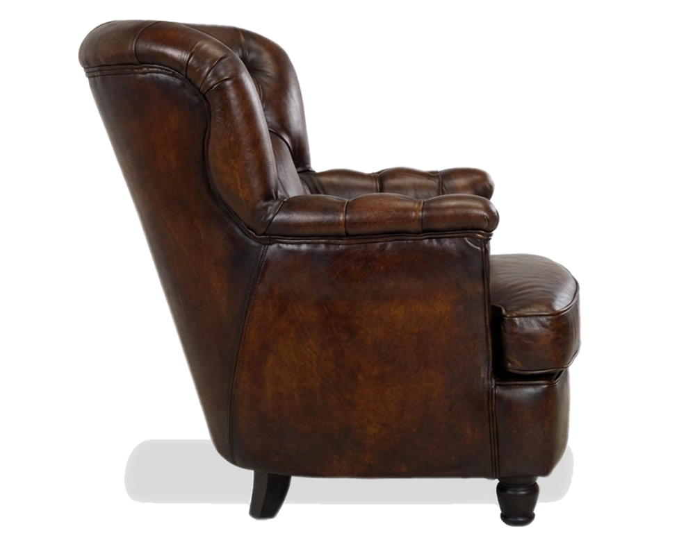 Fauteuil Chesterfield cuir marron soutenu moyen dossier