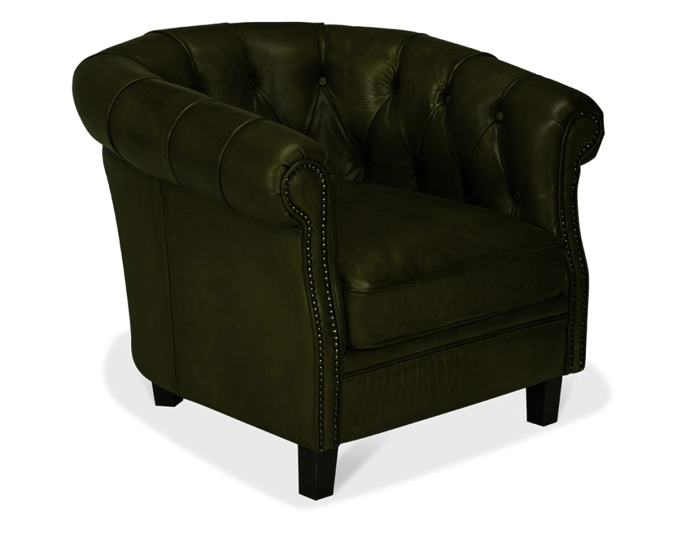Sillón chesterfield de piel verde oliva reposabrazos con tachuelas