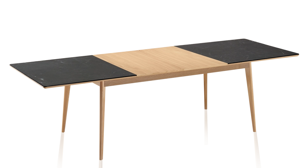 Extendable table for 8 to 14 people in oak and ceramic with wooden extensions with natural wood stain and slate effect ceramic top 210x100 cm