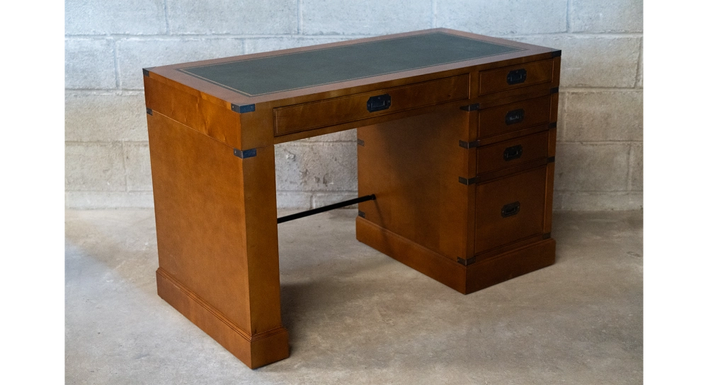Bureau marine simple caisson 5 tiroirs bois teinte merisier et cuir vert