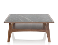 Table basse carré en noyer et céramique bois teinte naturelle plateau céramique effet marbre noir 100x100 cm