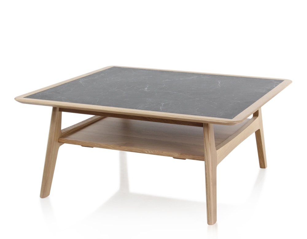 Table basse carrée en chêne et céramique avec bois teinte naturelle plateau céramique effet ardoise 100x100 cm