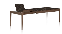 Table extensible en chêne et céramique 6 à 10 personnes allonges céramique avec bois teinte marron foncé et plateau et allonges céramique effet marbre noir 140x90 cm