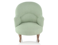 Fauteuil crapaud avec accoudoirs pieds bois teinte noyer et tissu vert sauge