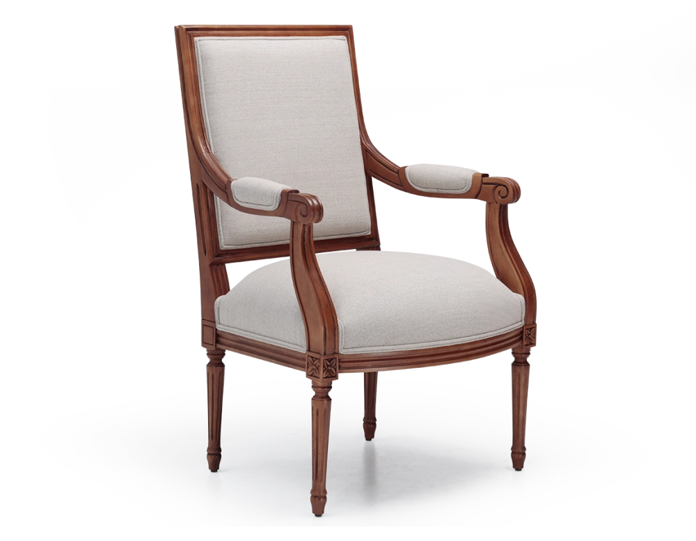Fauteuil ancien style Louis XVI bois teinte ancienne et tissu beige naturel