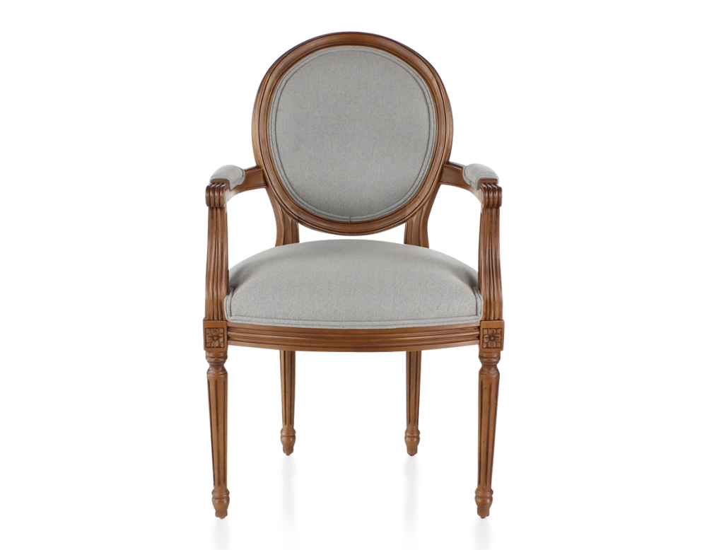 Antique Louis XVI style armchair with armrests wood stained in an antique style and light grey fabric