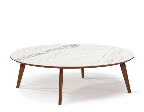 Round walnut and ceramic F1 coffee table wooden tray with a natural finish and a white marble-effect ceramic top m1. 100x100x30 cm