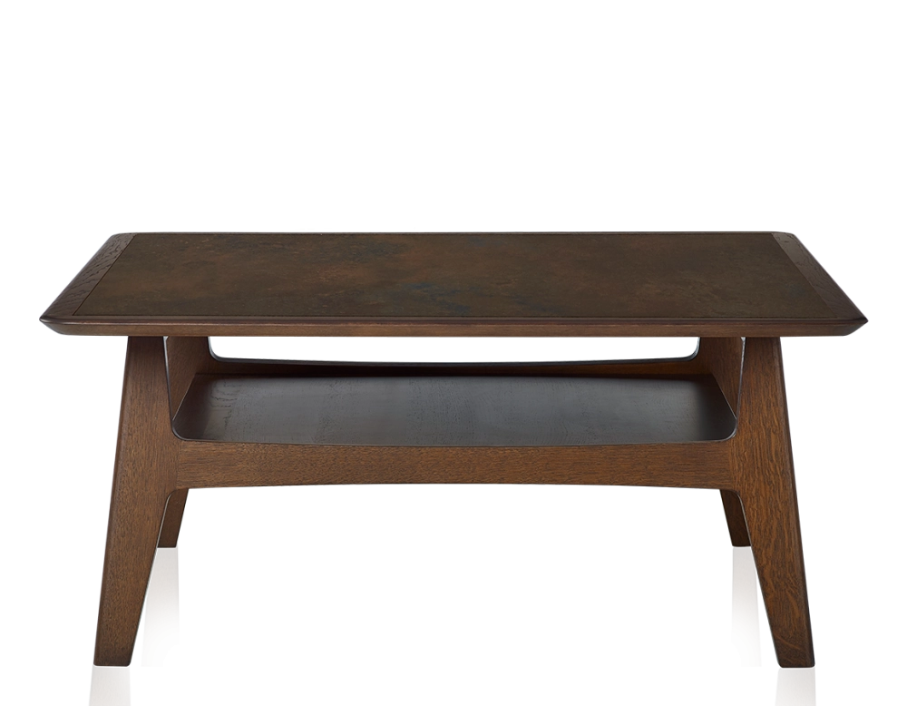 Table basse carrée en chêne et céramique avec bois teinte marron foncé plateau céramique brun oxydé 100x100 cm
