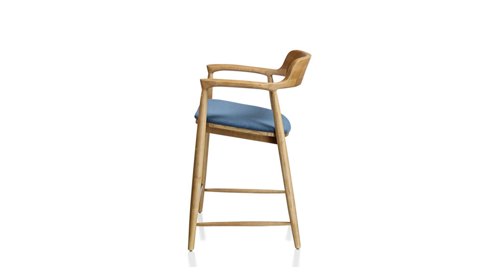 Tabouret de bar h60 cm bois teinte naturelle assise tissu bleu jean