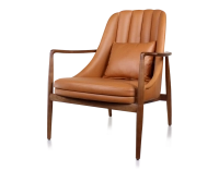 Fauteuil design bois teinte merisier et cuir caramel