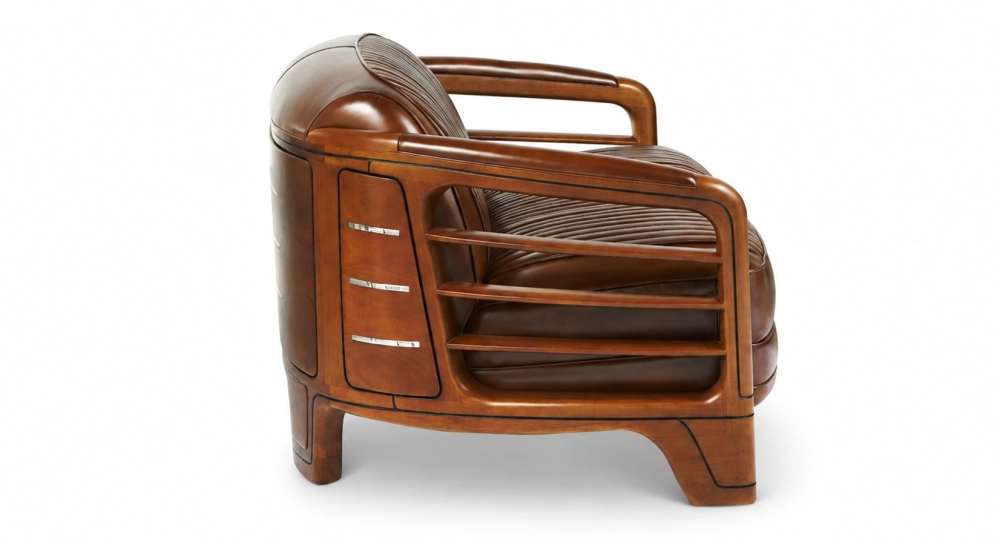Sofá club de madera y piel de 2 plazas marron vintage