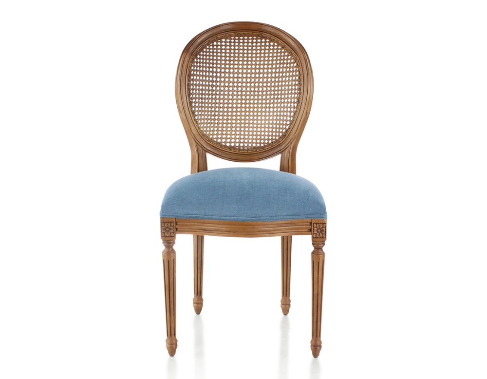 Chaise ancienne style Louis XVI bois teinte ancienne dossier canné assise tissu bleu jeans