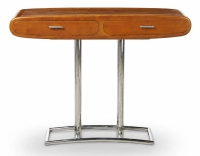Console art déco double tiroirs métal et bois teinte merisier