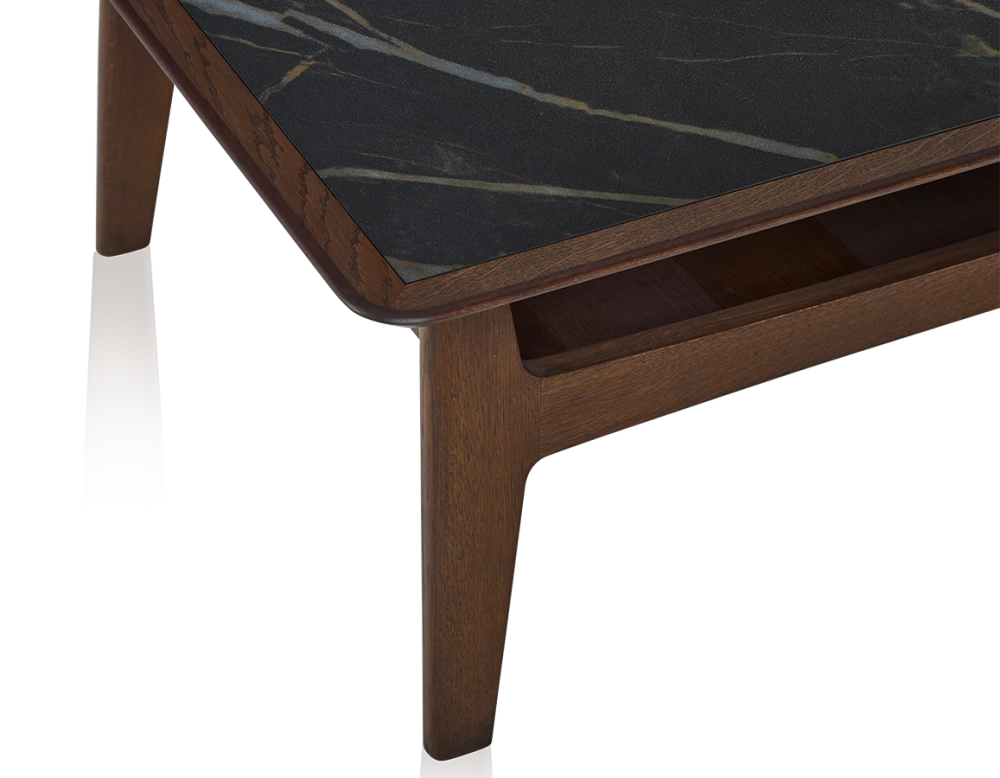 Square coffee table in oak and ceramic with dark brown stained wood black marble effect ceramic top 100x100 cm