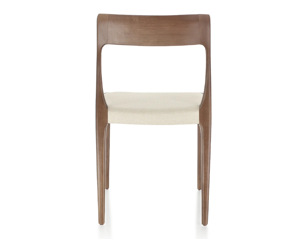 Chaise scandinave bois teinte marron foncé assise tissu chevron beige