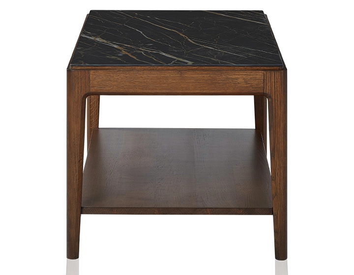 Mesa de centro rectangular de roble y cerámica con estante en madera tinte marrón oscuro tablero cerámico efecto mármol negro 100x50 cm