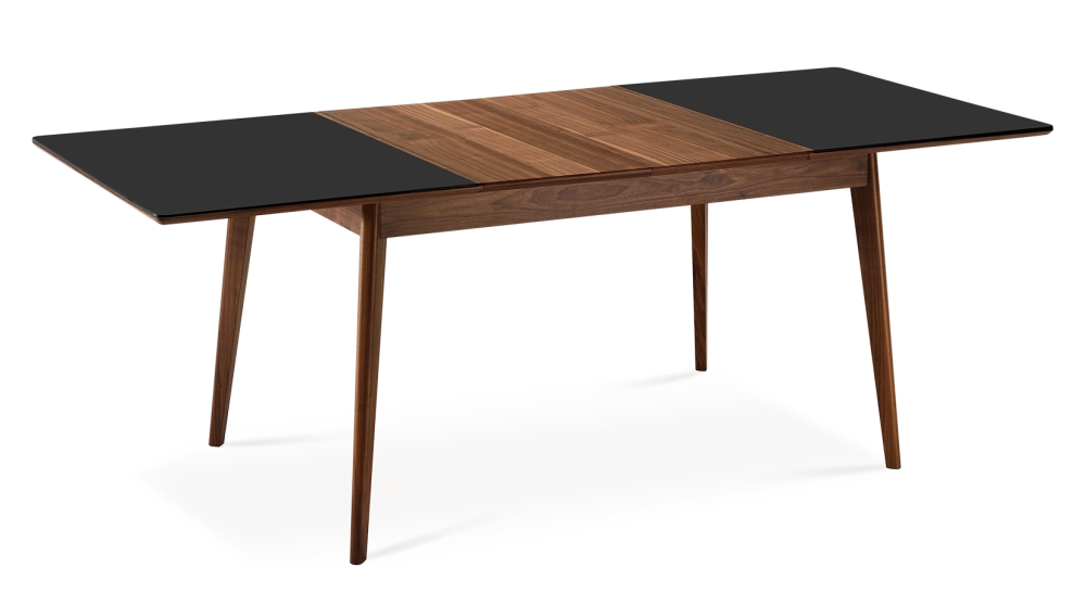 Table extensible 6 à 8 personnes en noyer et céramique allonges bois avec bois teinte naturelle et plateau céramique noir unie 140x90 cm