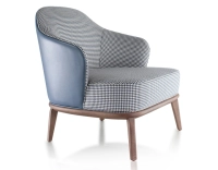 Fauteuil design cuir bleu orage et tissu pied-de-poule bleu et blanc