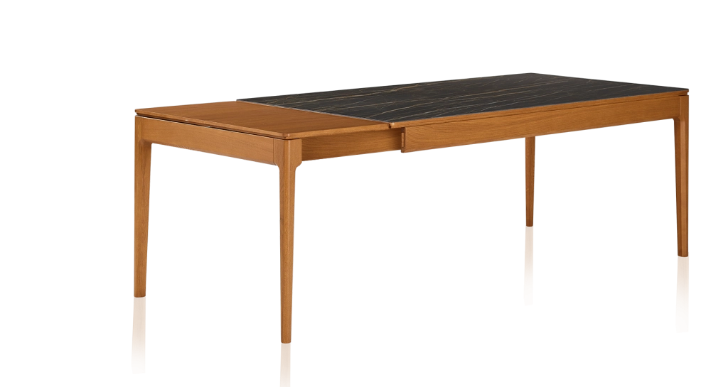 Extendable table for 8 to 12 people in oak and ceramic with wooden extensions with cherry-stained wood and black marble-effect ceramic top 180x100 cm
