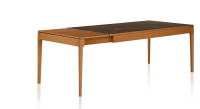 Table extensible 8 à 12 personnes en chêne et céramique allonges bois avec bois teinte merisier et plateau céramique brun oxydé 210x100 cm