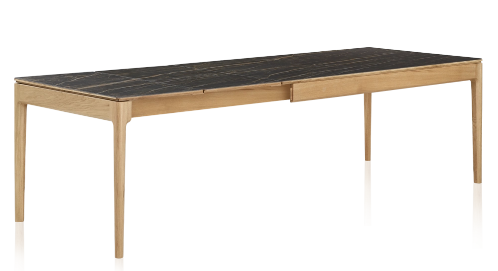 Table extensible en chêne et céramique 6 à 10 personnes allonges céramique avec bois teinte naturelle et plateau et allonges céramique effet marbre noir 140x90 cm
