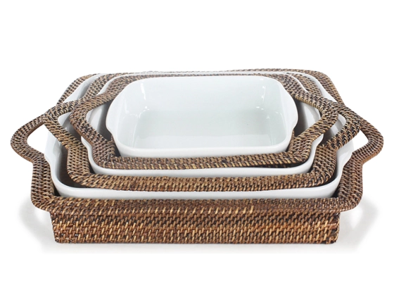 Plat porcelaine carré avec support en fleur de rotin petit modèle