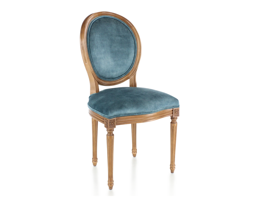 Chaise ancienne style Louis XVI bois teinte ancienne et tissu velours bleu pétrole
