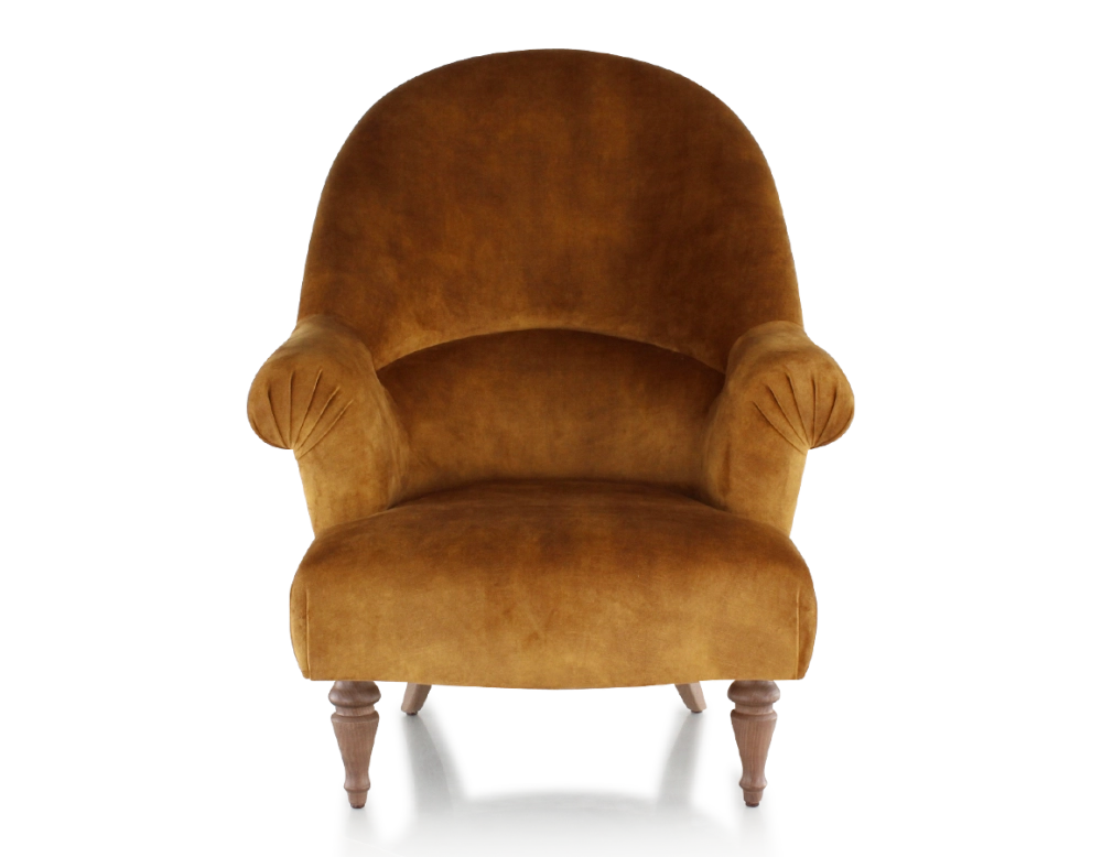 Toad armchair with armrests walnut-stained wooden legs and high-backed bronze velvet fabric