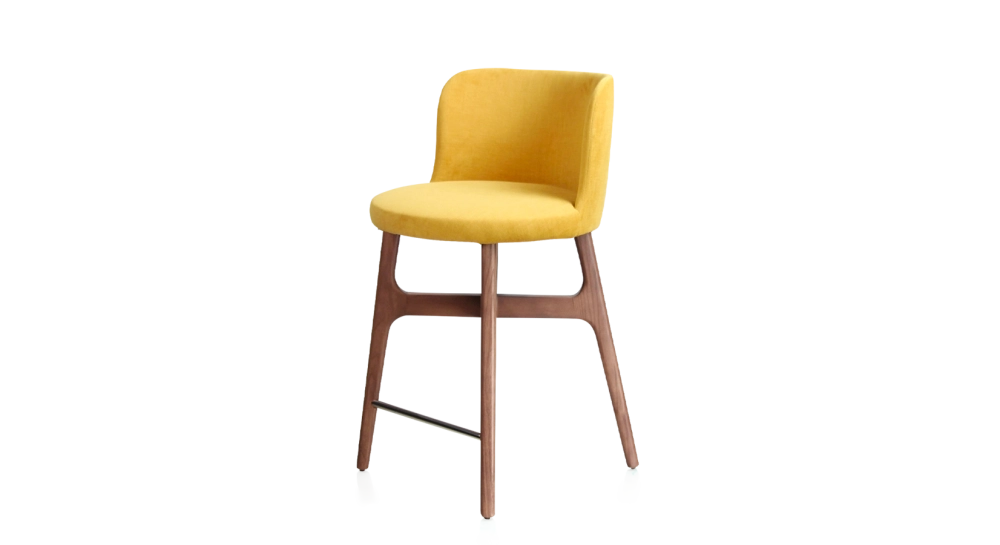 Tabouret de bar h60 cm bois teinte noyer assise tissu jaune