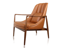 Fauteuil design bois teinte merisier et cuir caramel