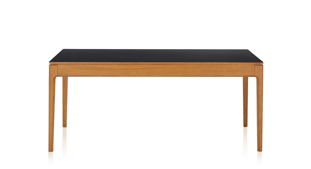 Table salle à manger en chêne et céramique 8 personnes avec bois teinte merisier et plateau céramique noir unie 180x100 cm
