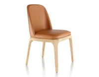 Chaise design bois teinte naturelle et cuir caramel