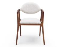 Chaise design avec accoudoirs bois teinte merisier et tissu bouclé blanc