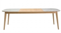 Table extensible 6 à 10 personnes en chêne et céramique allonges bois avec bois teinte naturelle et plateau céramique effet marbre blanc 140x90 cm